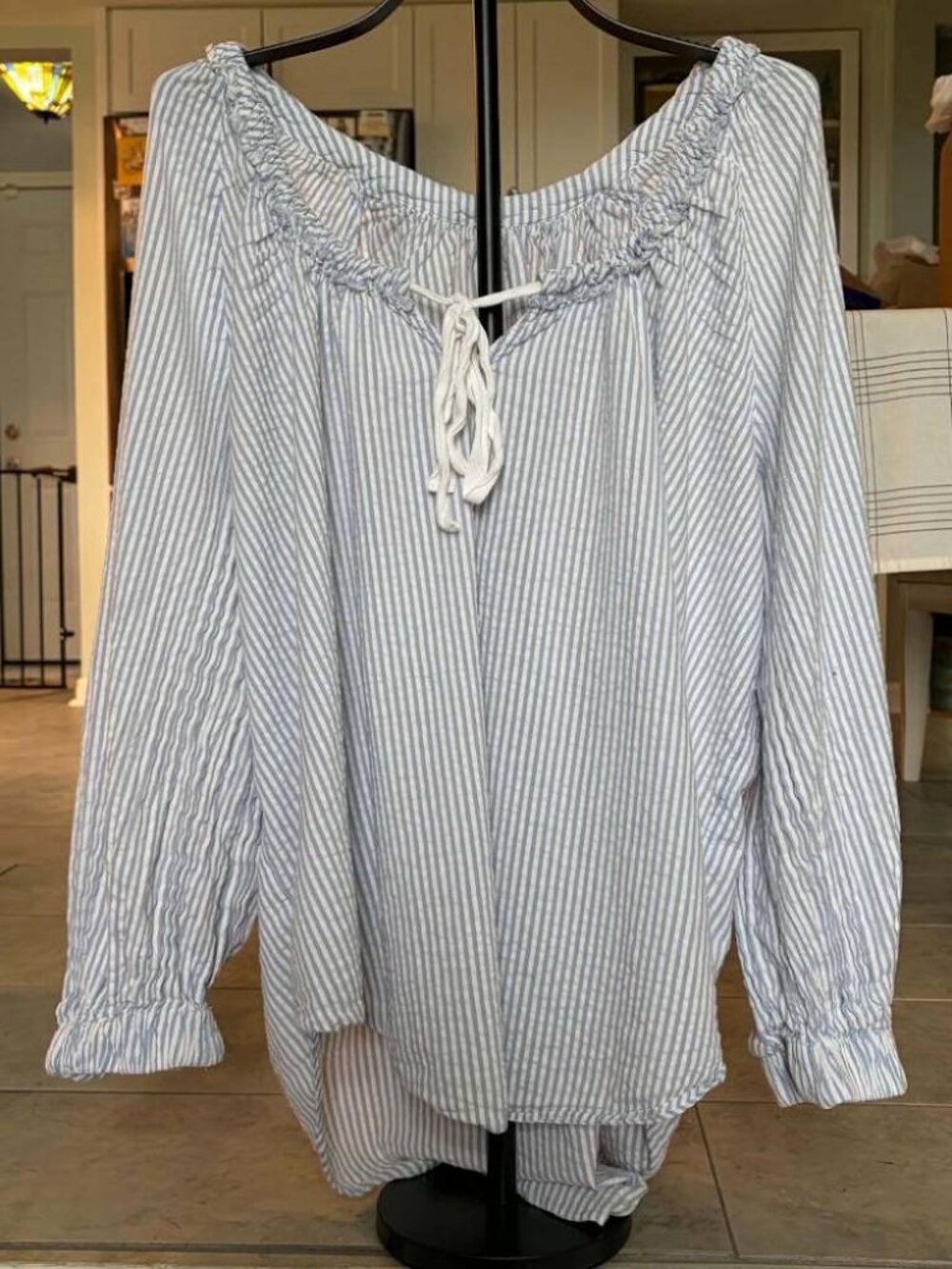 Free People On The Horizon Blue Striped Smocked Peasant Blouse XL OB1912436